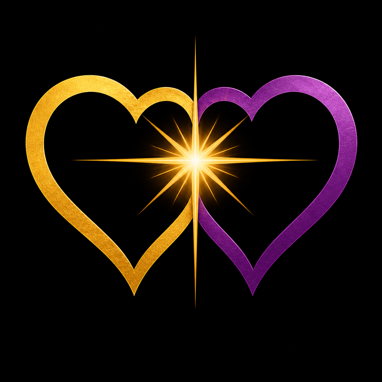 Two interlocking hearts — gold and purple — joined by a radiant star, the GG United by Love In Actions emblem